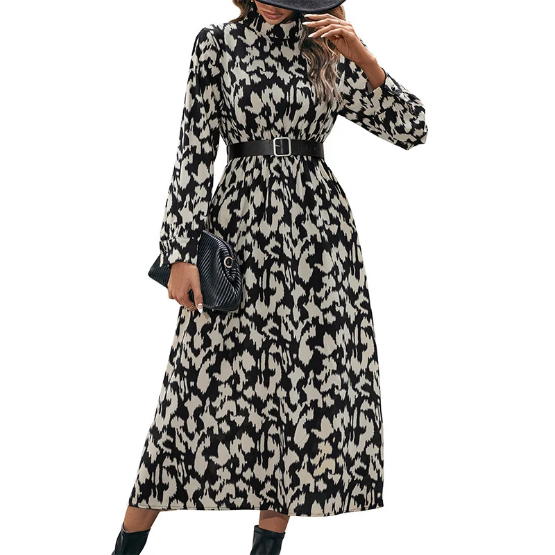 Damen Midikleid mit animalinspiriertem Print, Stehkragen und taillierendem Gürtel Nord Taschen