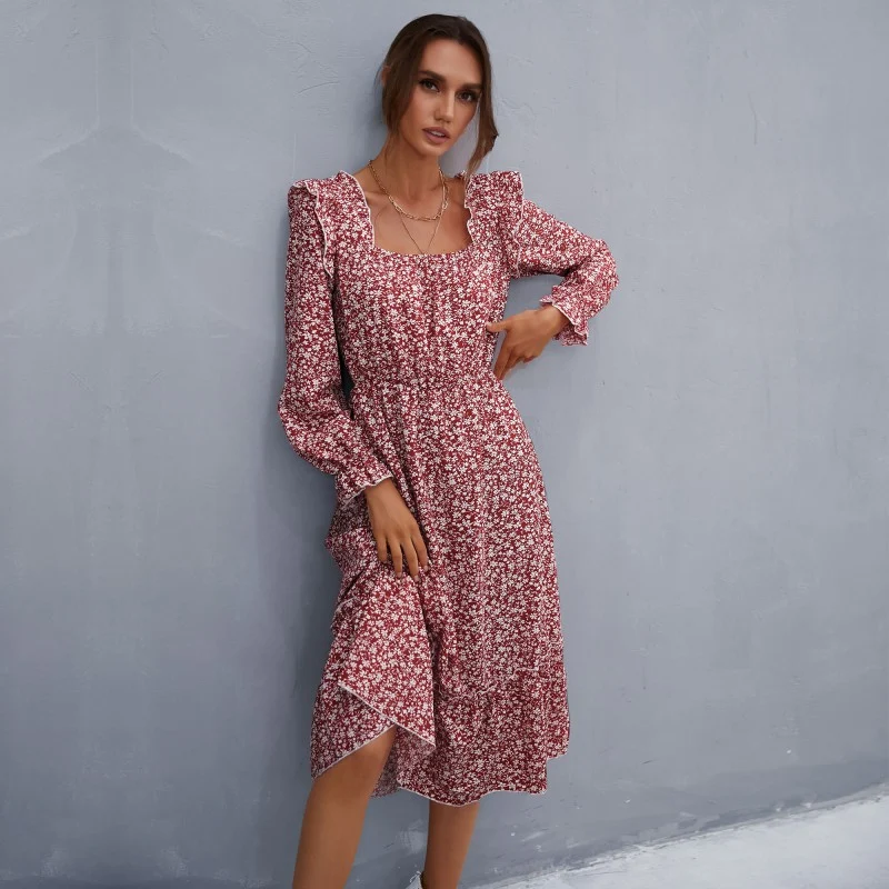 Damen Midikleid im Vintage‑Stil mit quadratischem Ausschnitt, Rüschen und elastischer Taille Nord Taschen