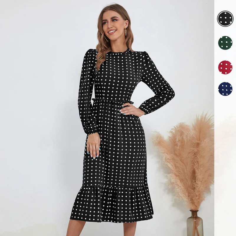 Damen Midikleid im Retro-Polka-Dot-Stil mit Stehkragen, taillierter Raffung und Volant Nord Taschen
