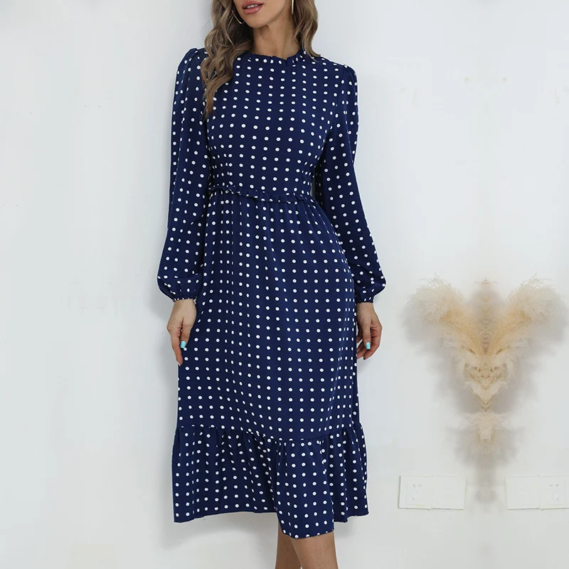 Damen Midikleid im Retro-Polka-Dot-Stil mit Stehkragen, taillierter Raffung und Volant Nord Taschen