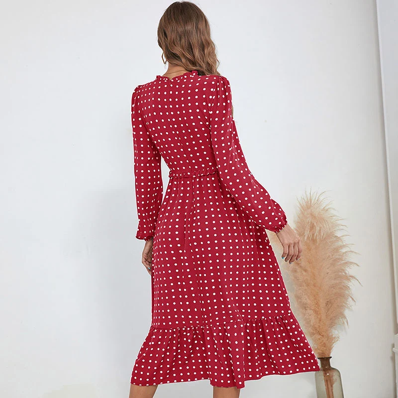 Damen Midikleid im Retro-Polka-Dot-Stil mit Stehkragen, taillierter Raffung und Volant Nord Taschen