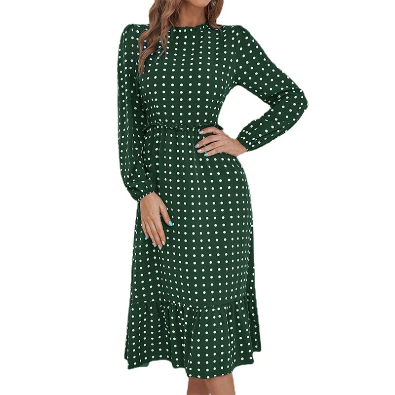 Damen Midikleid im Retro-Polka-Dot-Stil mit Stehkragen, taillierter Raffung und Volant Nord Taschen