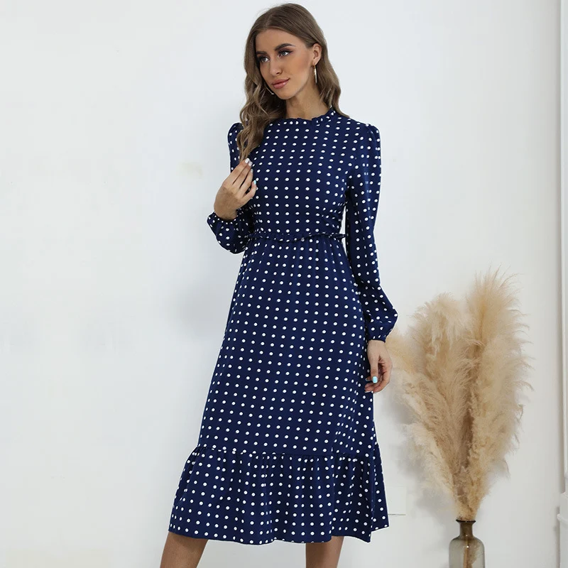 Damen Midikleid im Retro-Polka-Dot-Stil mit Stehkragen, taillierter Raffung und Volant Nord Taschen