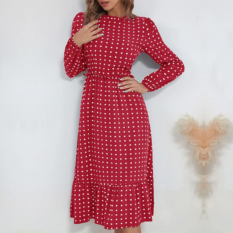 Damen Midikleid im Retro-Polka-Dot-Stil mit Stehkragen, taillierter Raffung und Volant Nord Taschen