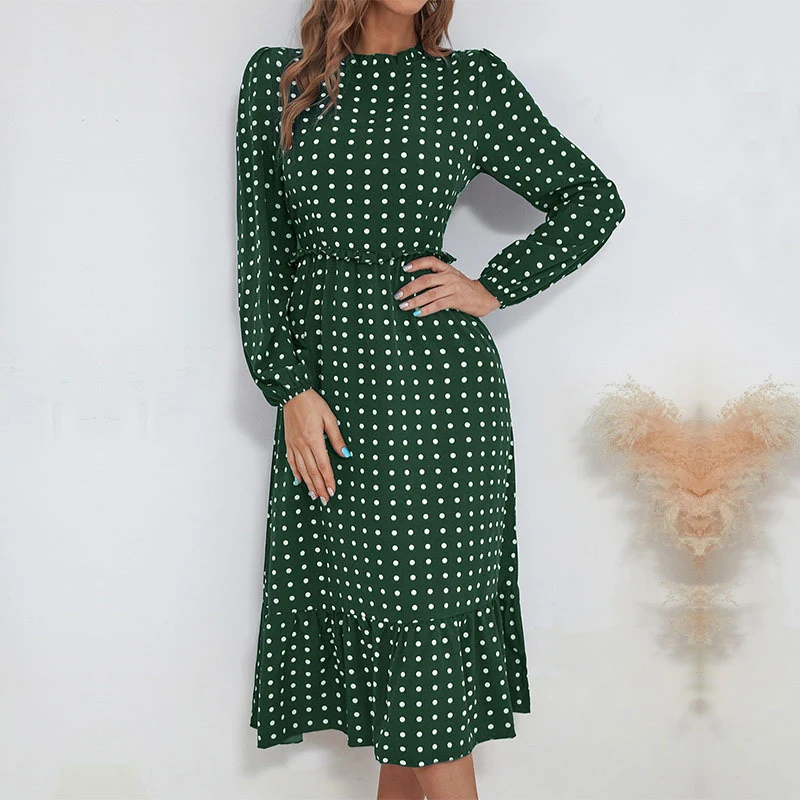Damen Midikleid im Retro-Polka-Dot-Stil mit Stehkragen, taillierter Raffung und Volant Nord Taschen