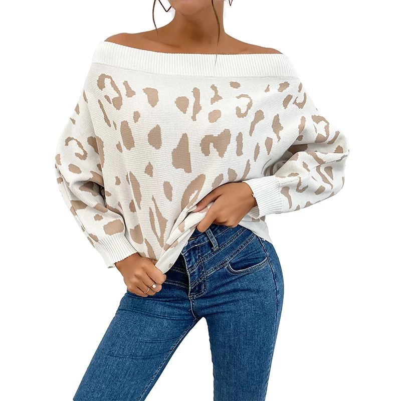 Damen Oversize-Schulterfreier Feinstrickpullover mit Animal-Jacquard und breitem Umschlagkragen Nord Taschen