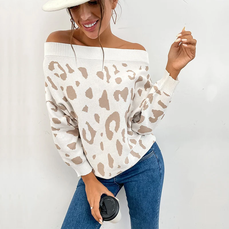Damen Oversize-Schulterfreier Feinstrickpullover mit Animal-Jacquard und breitem Umschlagkragen Nord Taschen