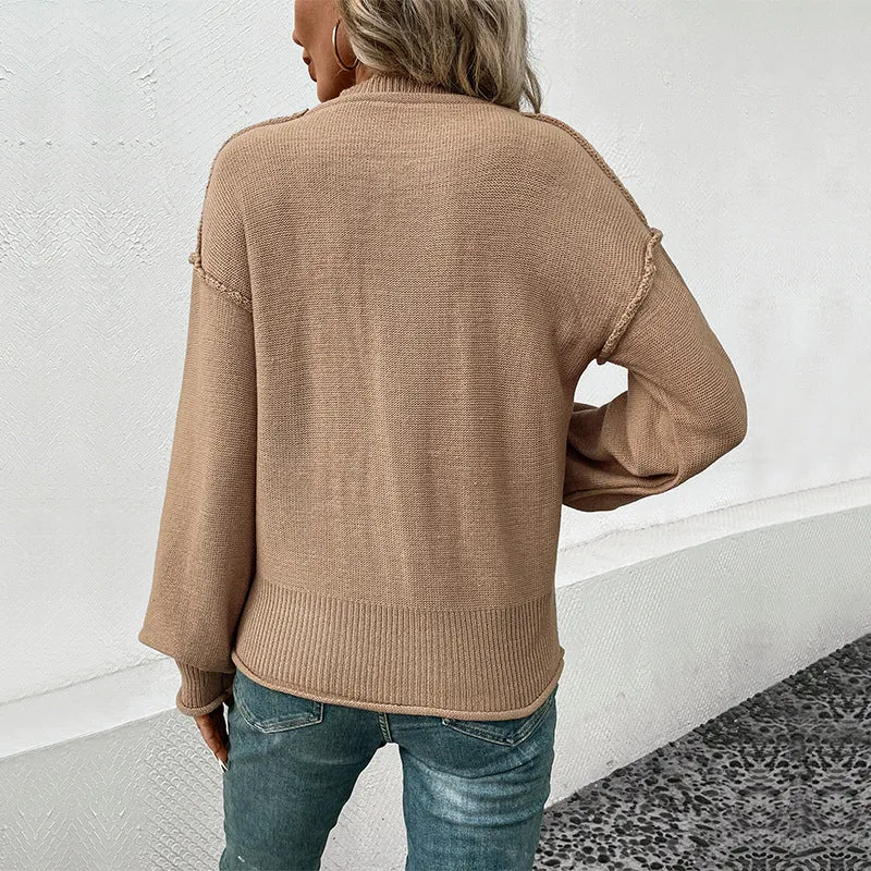 Damen Oversize Rundhals-Strickpullover mit aufgesetzter Brusttasche und fransiger Saumnaht Nord Taschen