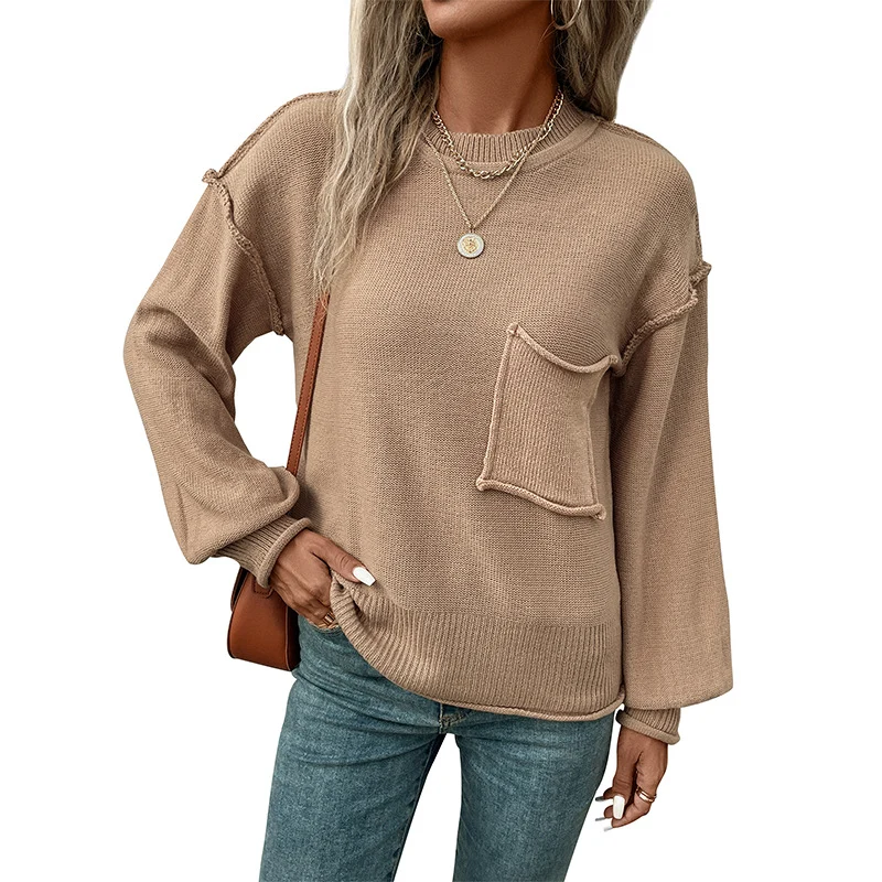 Damen Oversize Rundhals-Strickpullover mit aufgesetzter Brusttasche und fransiger Saumnaht Nord Taschen