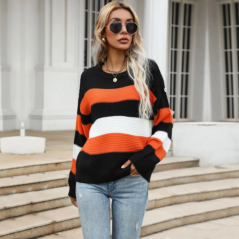 Damen Oversize Rippstrick-Pullover mit breiten Blockstreifen und Rundhalsausschnitt Nord Taschen