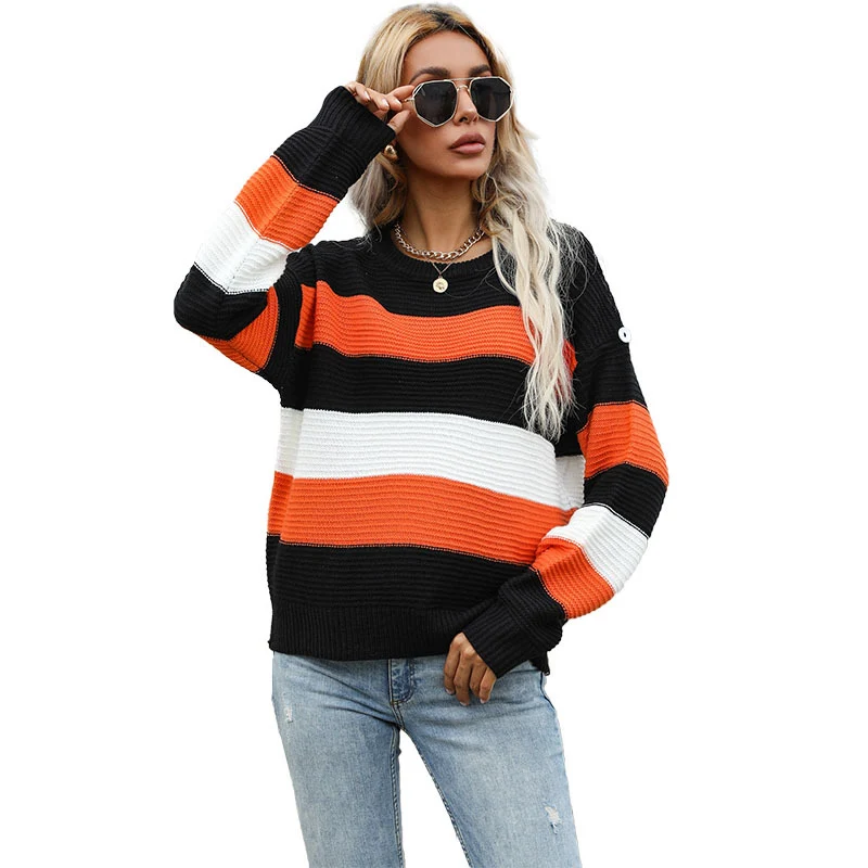 Damen Oversize Rippstrick-Pullover mit breiten Blockstreifen und Rundhalsausschnitt Nord Taschen