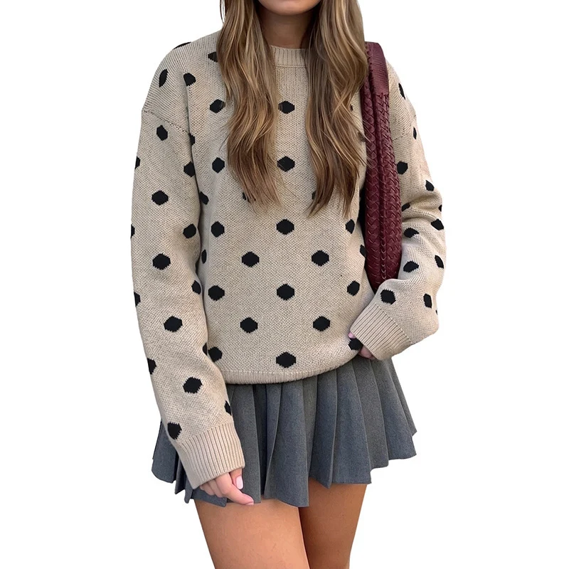 Damen Oversize-Pullover mit Punkte-Jacquard, Rundhalsausschnitt und gerippten Bündchen Nord Taschen
