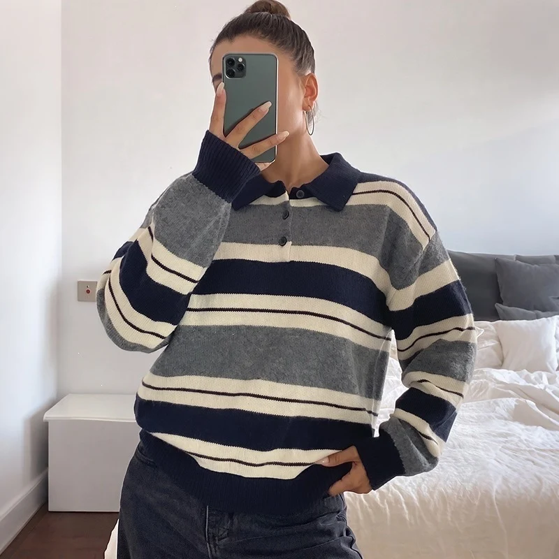 Damen Oversize-Polokragen-Strickpullover mit Streifenmuster und Raglanärmeln Nord Taschen