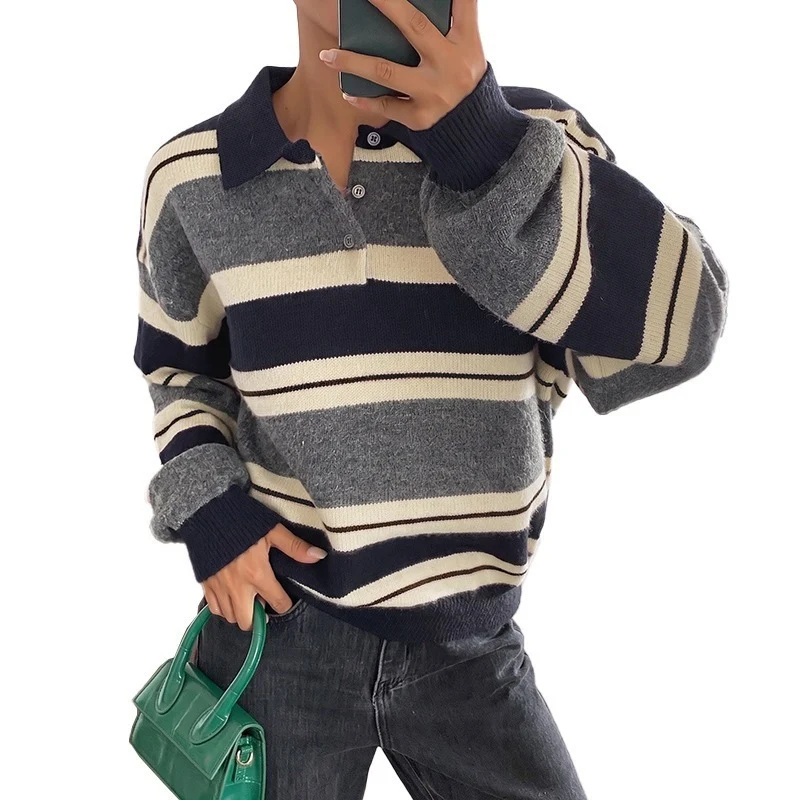 Damen Oversize-Polokragen-Strickpullover mit Streifenmuster und Raglanärmeln Nord Taschen