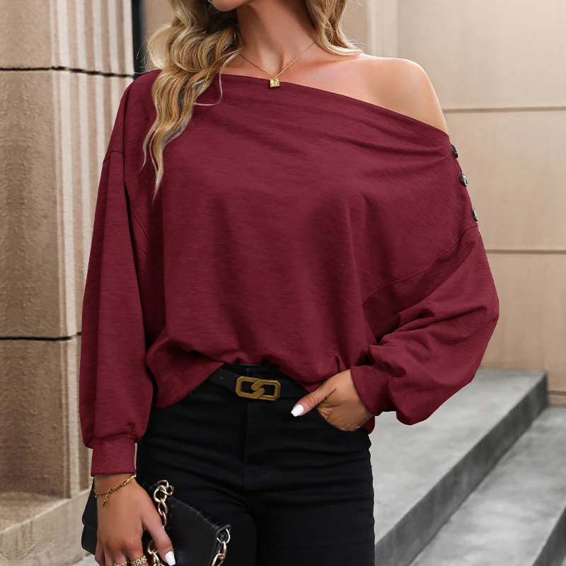 Damen Oversize Off-Shoulder Sweatshirt mit Zierknopfleiste und Ballonärmeln Nord Taschen