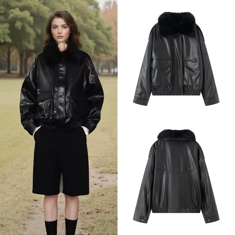 Damen Oversized Kunstleder-Bomberjacke mit kuscheligem Faux‑Fur‑Kragen und aufgesetzten Klappentaschen Nord Taschen