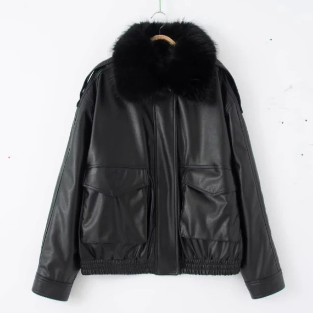 Damen Oversized Kunstleder-Bomberjacke mit kuscheligem Faux‑Fur‑Kragen und aufgesetzten Klappentaschen Nord Taschen