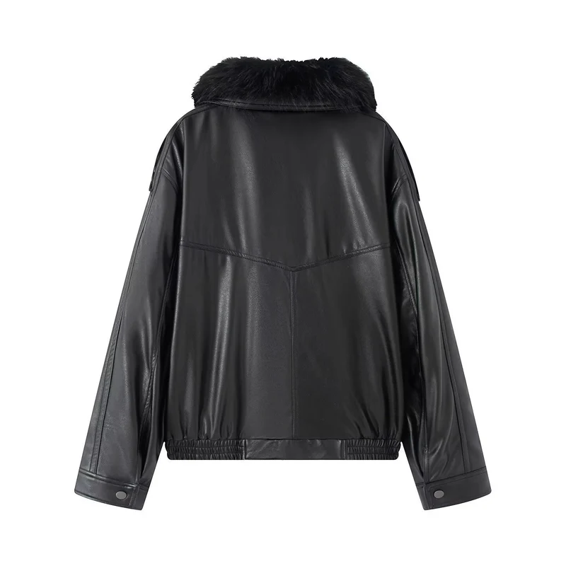 Damen Oversized Kunstleder-Bomberjacke mit kuscheligem Faux‑Fur‑Kragen und aufgesetzten Klappentaschen Nord Taschen