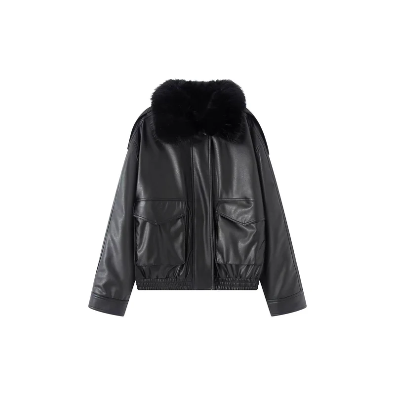 Damen Oversized Kunstleder-Bomberjacke mit kuscheligem Faux‑Fur‑Kragen und aufgesetzten Klappentaschen Nord Taschen