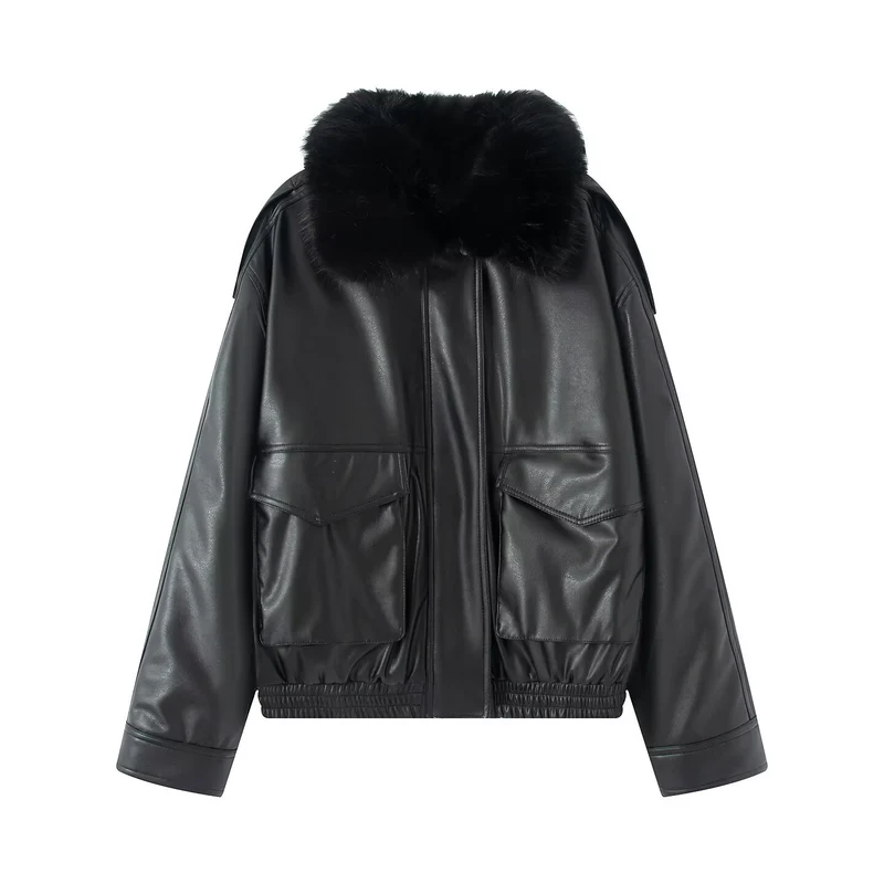 Damen Oversized Kunstleder-Bomberjacke mit kuscheligem Faux‑Fur‑Kragen und aufgesetzten Klappentaschen Nord Taschen