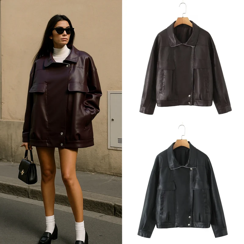 Damen Oversized Kunstleder-Blousonjacke mit asymmetrischem Reißverschluss und Pattentaschen Nord Taschen