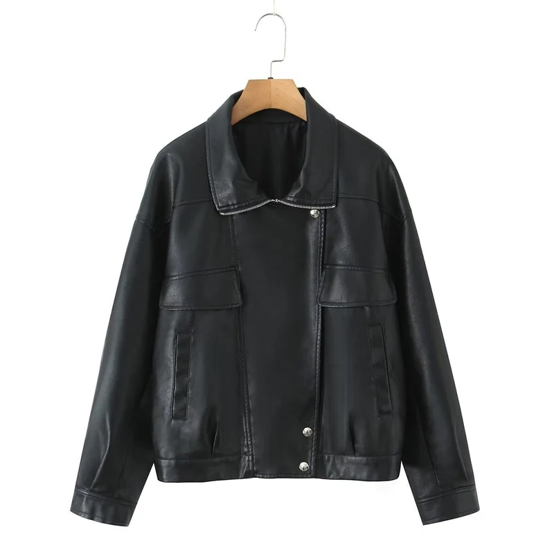 Damen Oversized Kunstleder-Blousonjacke mit asymmetrischem Reißverschluss und Pattentaschen Nord Taschen