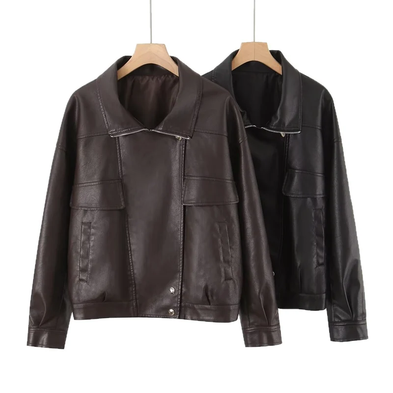 Damen Oversized Kunstleder-Blousonjacke mit asymmetrischem Reißverschluss und Pattentaschen Nord Taschen