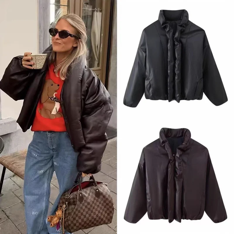 Damen Oversized Kunstleder‑Blouson mit voluminösem Stehkragen und elastischem Saum Nord Taschen