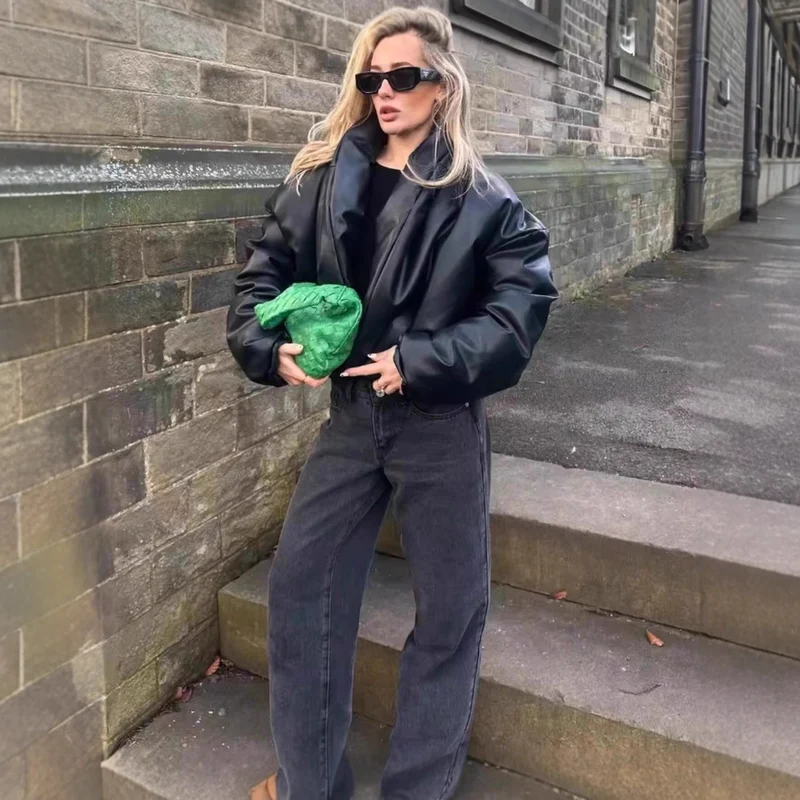 Damen Oversized Kunstleder‑Blouson mit voluminösem Stehkragen und elastischem Saum Nord Taschen