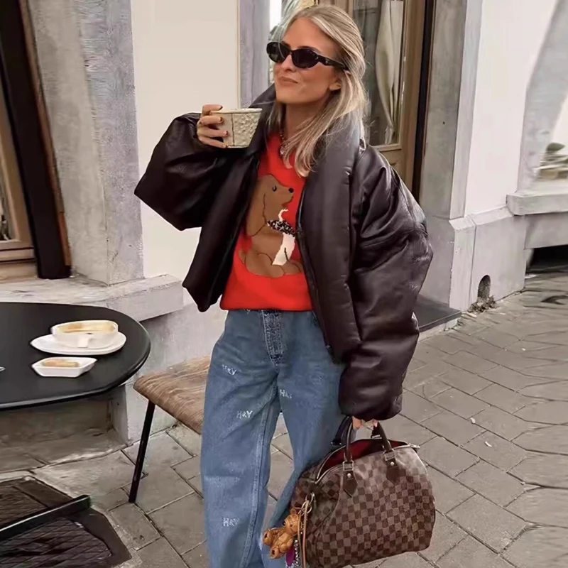 Damen Oversized Kunstleder‑Blouson mit voluminösem Stehkragen und elastischem Saum Nord Taschen