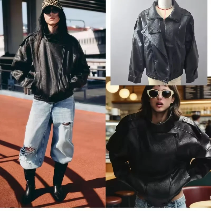 Damen Oversized Kunstleder-Bikerjacke mit asymmetrischem Revers, Stehkragen und Taillenzug Nord Taschen