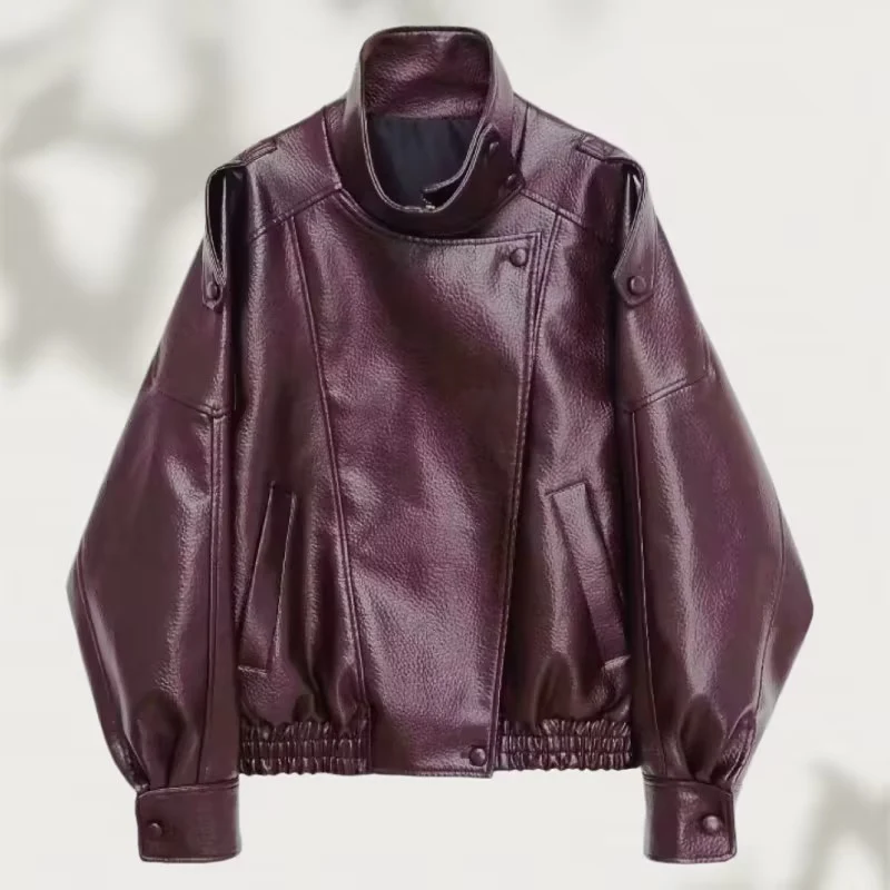 Damen Oversized Kunstleder-Bikerjacke mit asymmetrischem Revers, Stehkragen und Taillenzug Nord Taschen