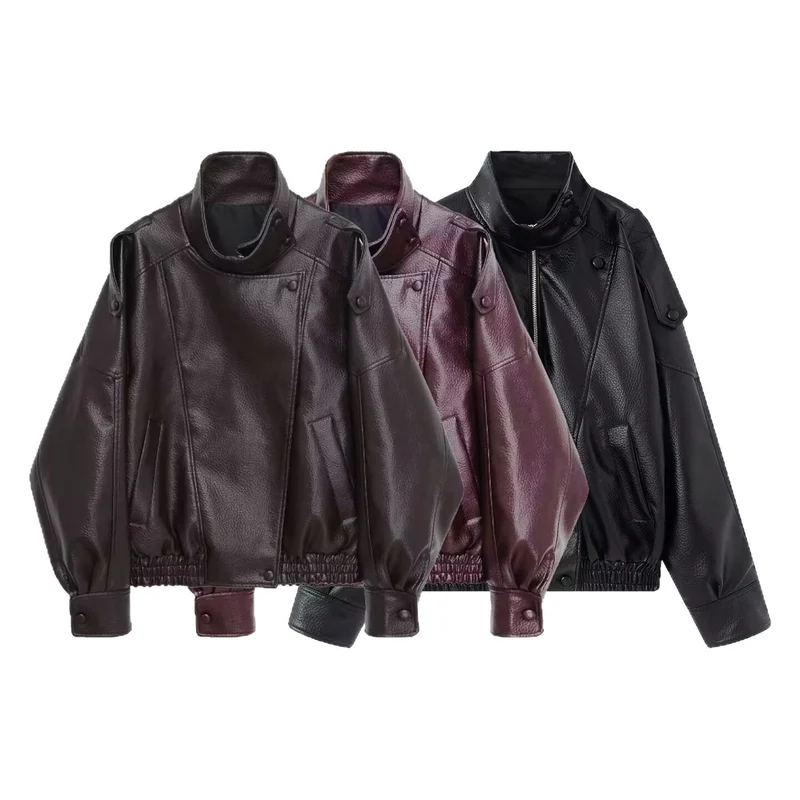 Damen Oversized Kunstleder-Bikerjacke mit asymmetrischem Revers, Stehkragen und Taillenzug Nord Taschen
