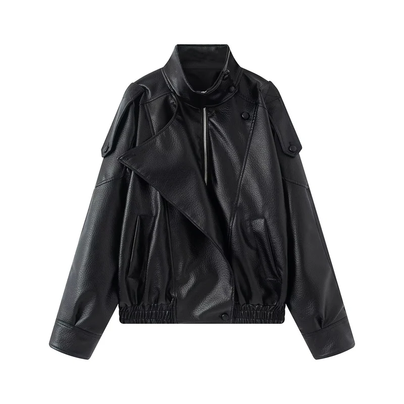 Damen Oversized Kunstleder-Bikerjacke mit asymmetrischem Revers, Stehkragen und Taillenzug Nord Taschen