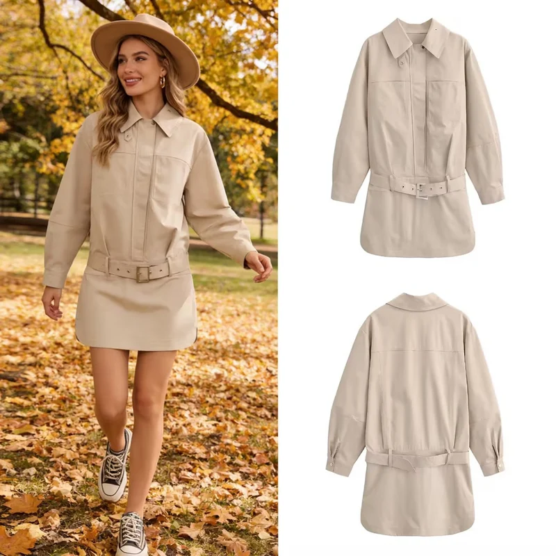 Damen Oversized Hemdblusenjacke mit Taillengürtel und verdeckter Knopfleiste Nord Taschen