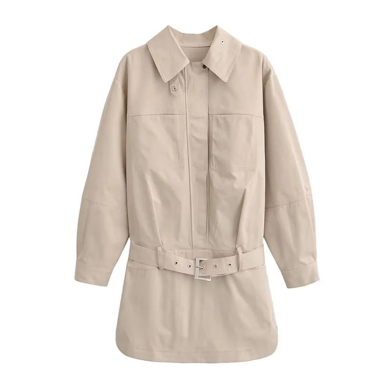 Damen Oversized Hemdblusenjacke mit Taillengürtel und verdeckter Knopfleiste Nord Taschen