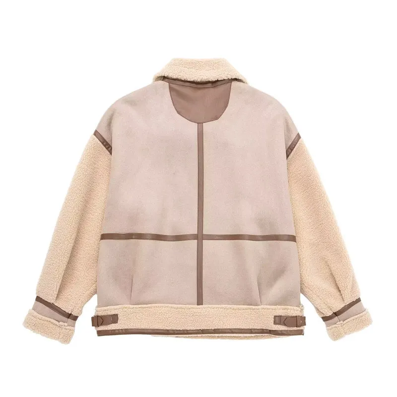 Damen Oversized Fliegerjacke mit Teddyfutter, asymmetrischem Reißverschluss und Kunstlederdetails Nord Taschen