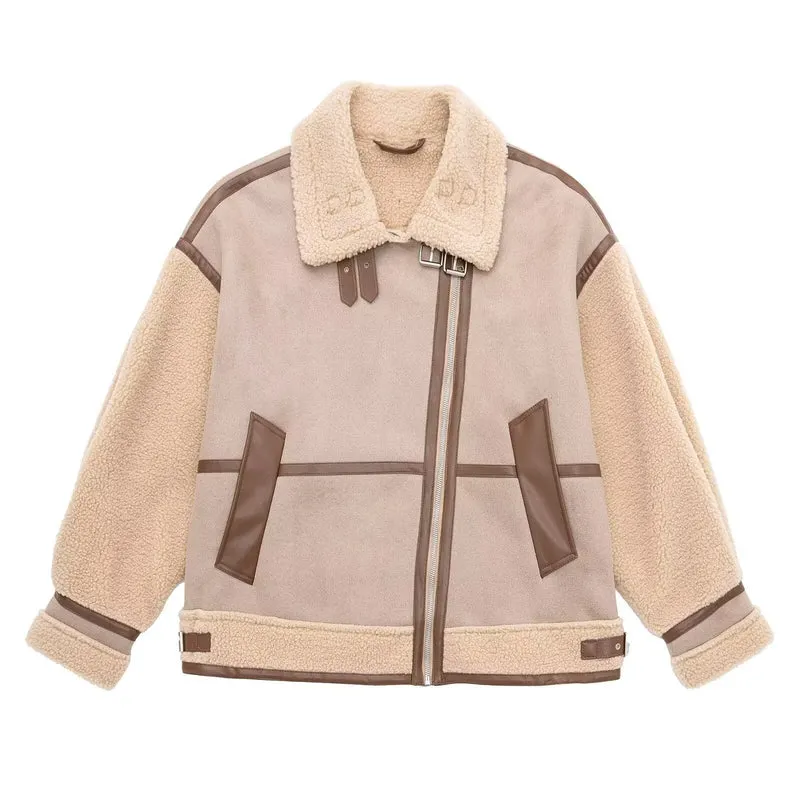 Damen Oversized Fliegerjacke mit Teddyfutter, asymmetrischem Reißverschluss und Kunstlederdetails Nord Taschen