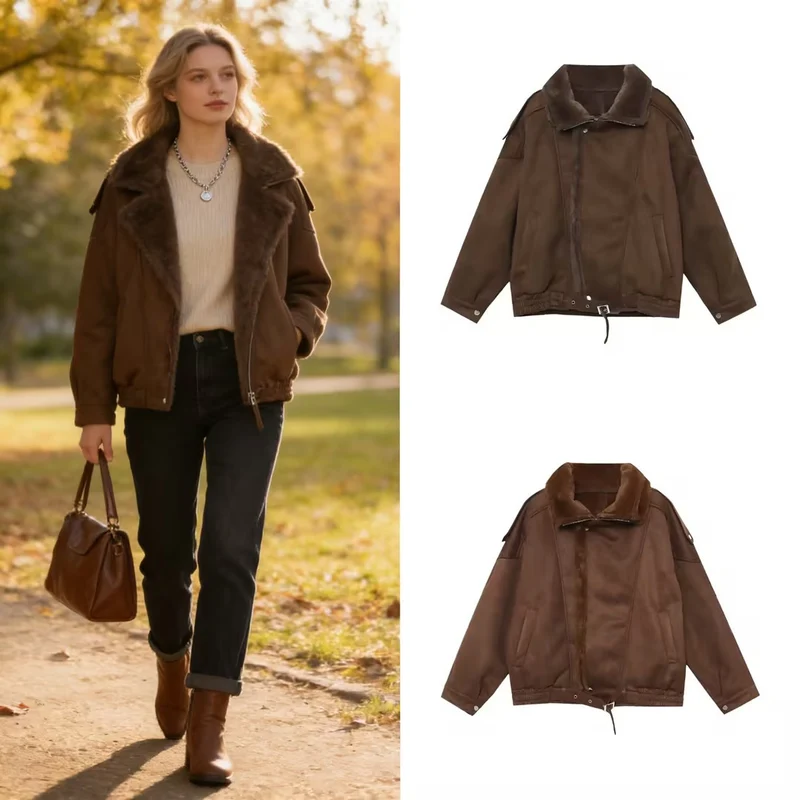 Damen Oversized Aviator-Jacke mit Teddyfutter, Stehkragen und Taillenriegel Nord Taschen