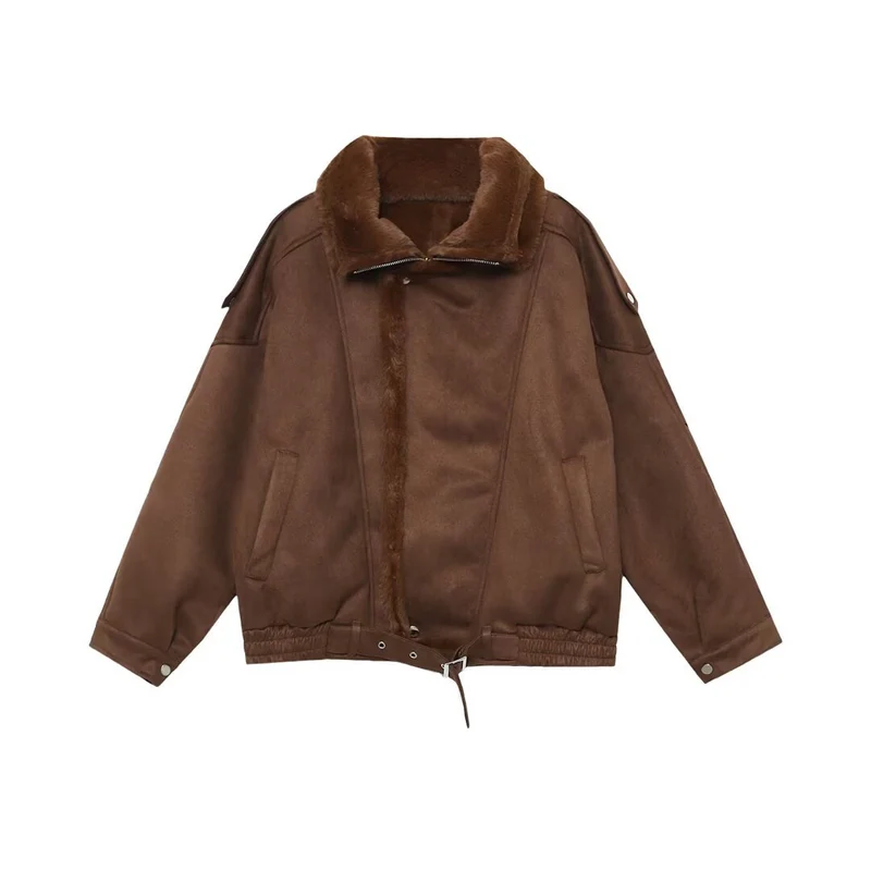 Damen Oversized Aviator-Jacke mit Teddyfutter, Stehkragen und Taillenriegel Nord Taschen