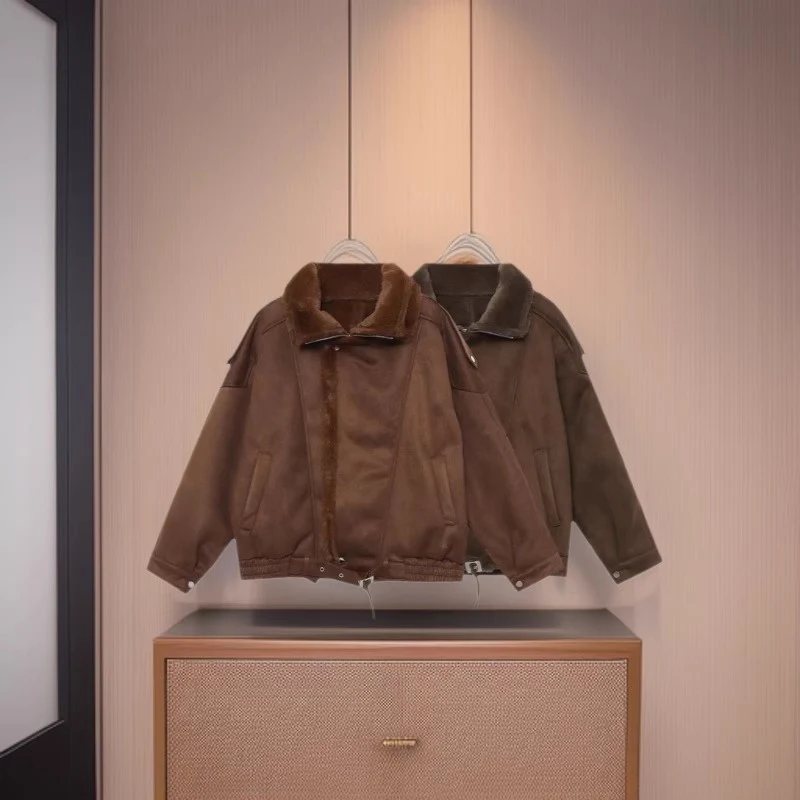 Damen Oversized Aviator-Jacke mit Teddyfutter, Stehkragen und Taillenriegel Nord Taschen