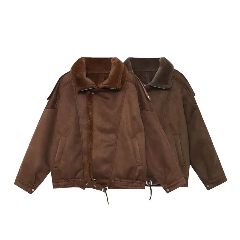 Damen Oversized Aviator-Jacke mit Teddyfutter, Stehkragen und Taillenriegel Nord Taschen