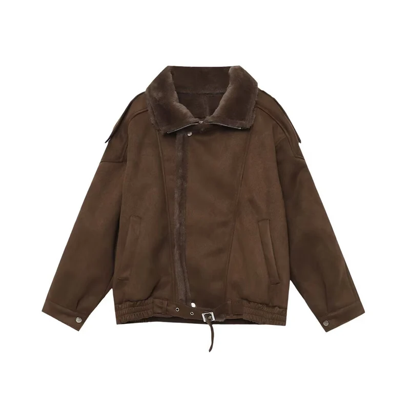 Damen Oversized Aviator-Jacke mit Teddyfutter, Stehkragen und Taillenriegel Nord Taschen
