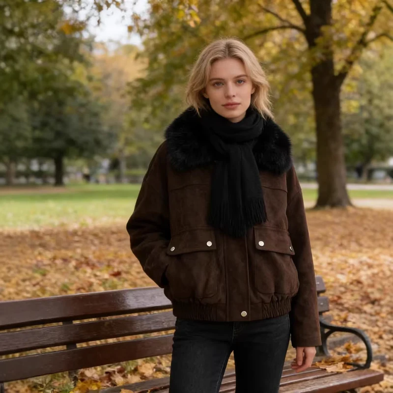 Damen Oversized Aviator-Jacke aus Velourslederimitat mit großem Kunstfellkragen Nord Taschen