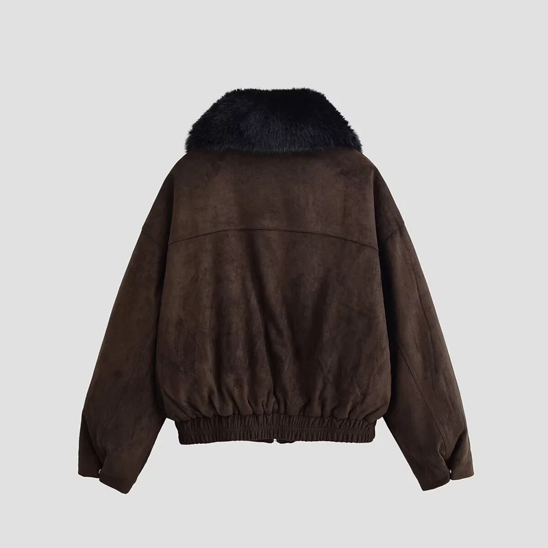 Damen Oversized Aviator-Jacke aus Velourslederimitat mit großem Kunstfellkragen Nord Taschen