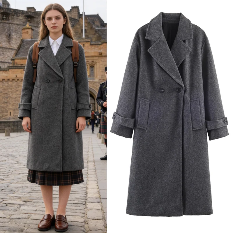 Damen Oversize Wollmix-Mantel mit Doppelreiher, breitem Revers und Ärmelriegel Nord Taschen