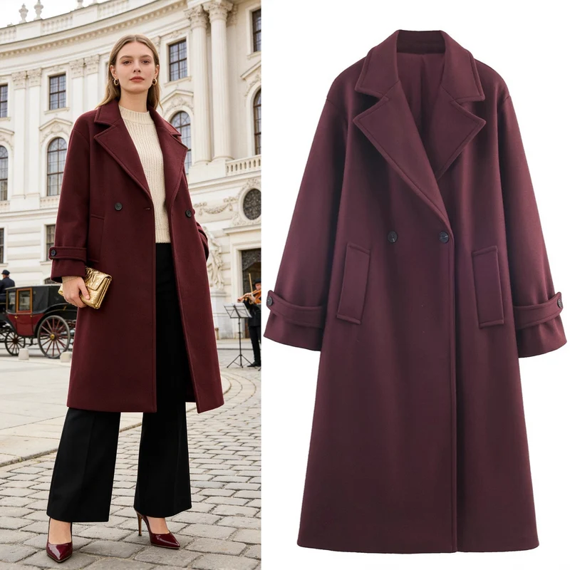 Damen Oversize Wollmix-Mantel mit Doppelreiher, breitem Revers und Ärmelriegel Nord Taschen
