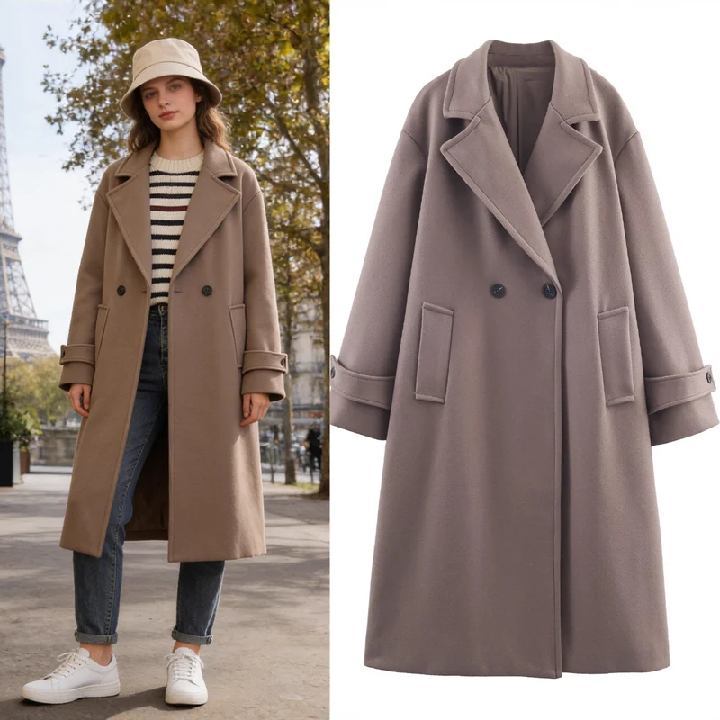 Damen Oversize Wollmix-Mantel mit Doppelreiher, breitem Revers und Ärmelriegel Nord Taschen