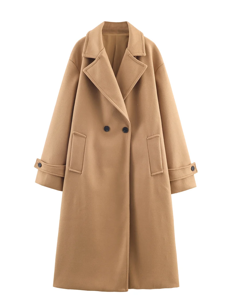 Damen Oversize Wollmix-Mantel mit Doppelreiher, breitem Revers und Ärmelriegel Nord Taschen