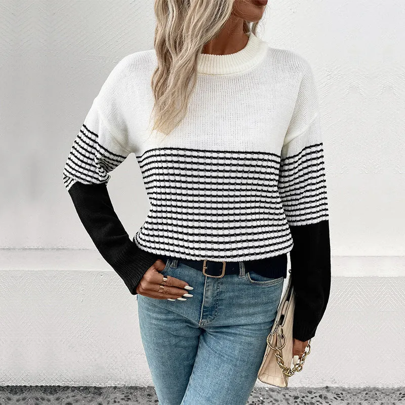 Damen Relaxed-Fit Blockstreifen-Feinstrickpullover mit Rippbündchen und überschnittener Schulter Nord Taschen